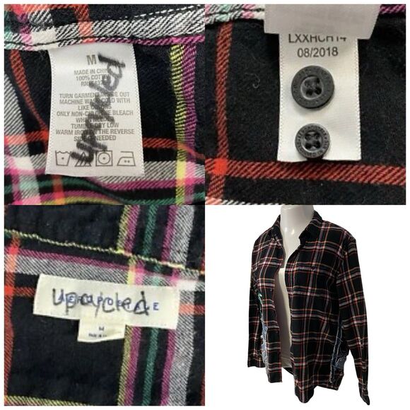 Upcycled Flannel Shirt Womens Large Lips Shacket Grunge Rock Concert Art - Picture 15 of 16